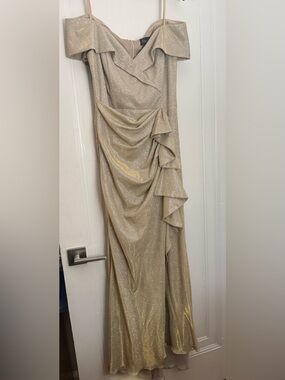 Xscape Sparkling Gold Off-Shoulder Ruffled Prom Gown